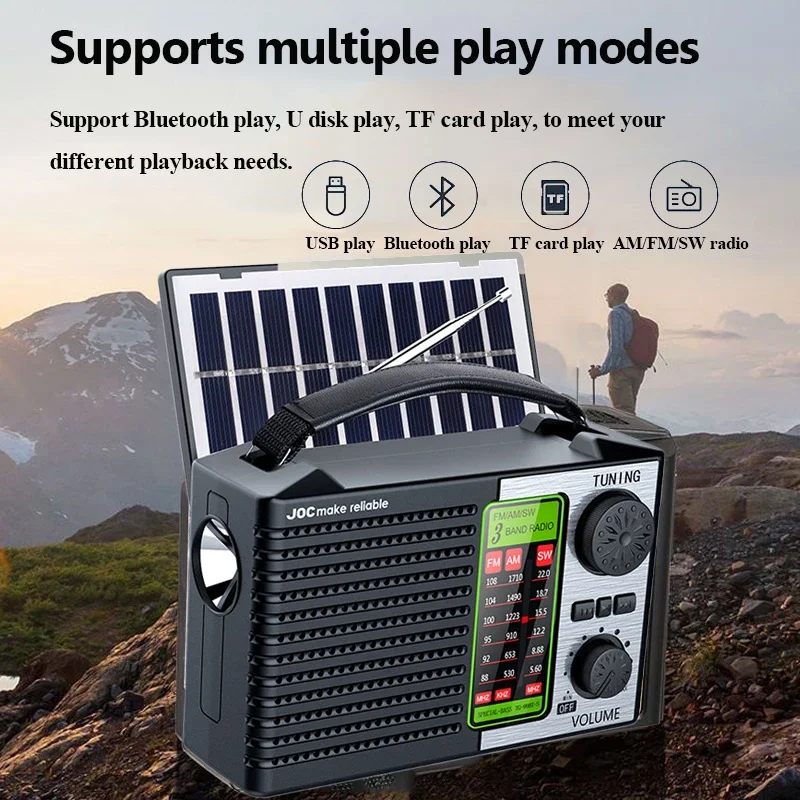 

Portable Full Band Radio Solar Power FM AM SW Radios Wireless Bluetooth Music Player with Strong LED Light Rechargeable Battery