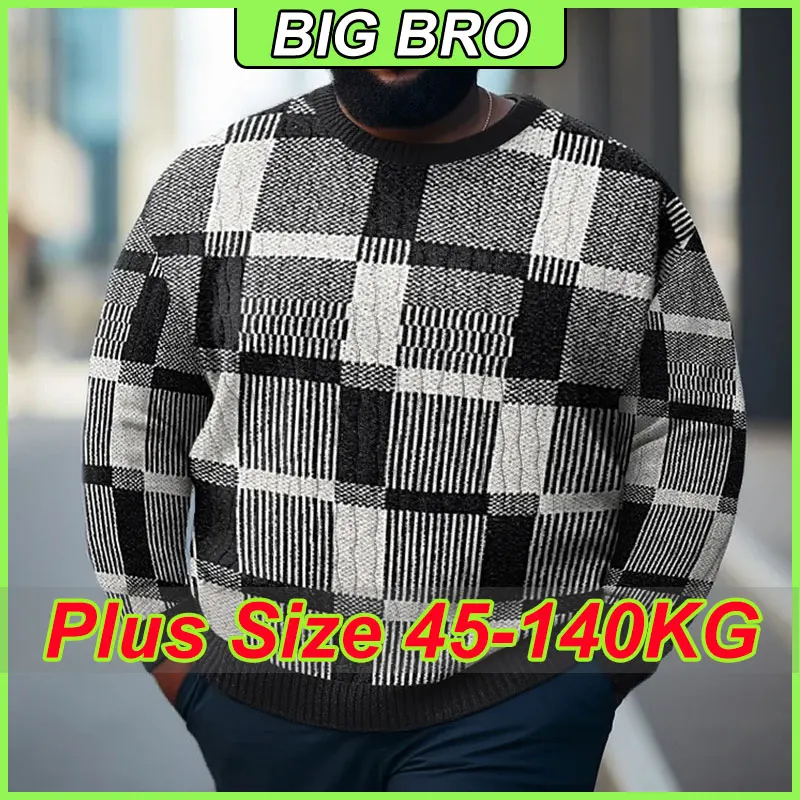 

Мужской вязаный свитер больших размеров 6XL 7XL, свободный клетчатый свитер с круглым вырезом Klein, синие пуловеры, осенне-зимние модные толстовки, одежда