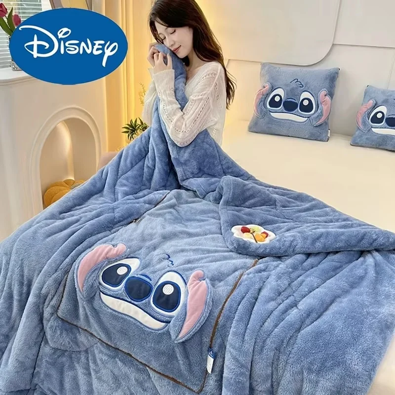 Hot Disney Stitch Throw Pillow Blankets Two In One Kawaii Flannel Thickened Nap Blanket Living Room Kids Bedroom Decoration Gift