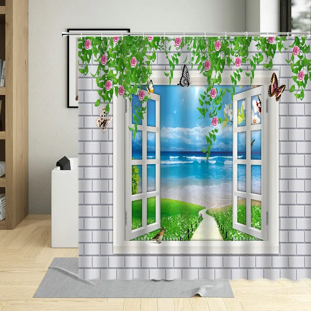 3D Window Beach Scenery Shower Curtain Palm Tree Sea Natural Landscape Bathroom Decor Polyester Cloth Hanging Curtains Sets