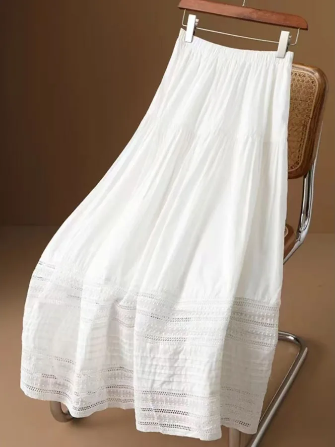 

White Lace Trim Elastic Waist A-Line Skirt plus Size Women's Spring Summer New Sle Hollow out Lace Splicing Midi Skirt