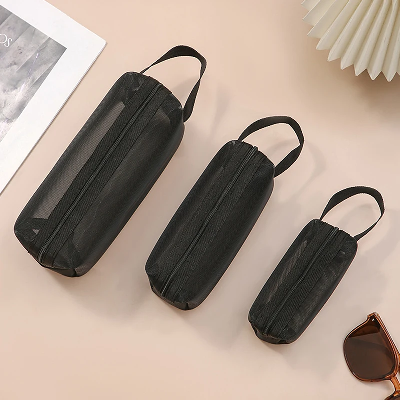 Nylon Black Mesh Cosmetic Bag Handbag Zipper Office Student Pen Bag Multifunctional Storage Bag Different Sizes