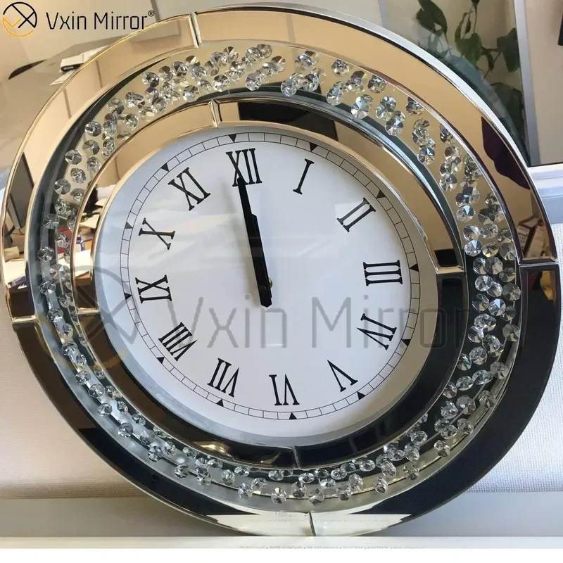 50cm Large Round Silver Mirror Wall Clock with Glitter Broken Diamond Bevel Floating Crystal Design Modern Home Decor WXC-009