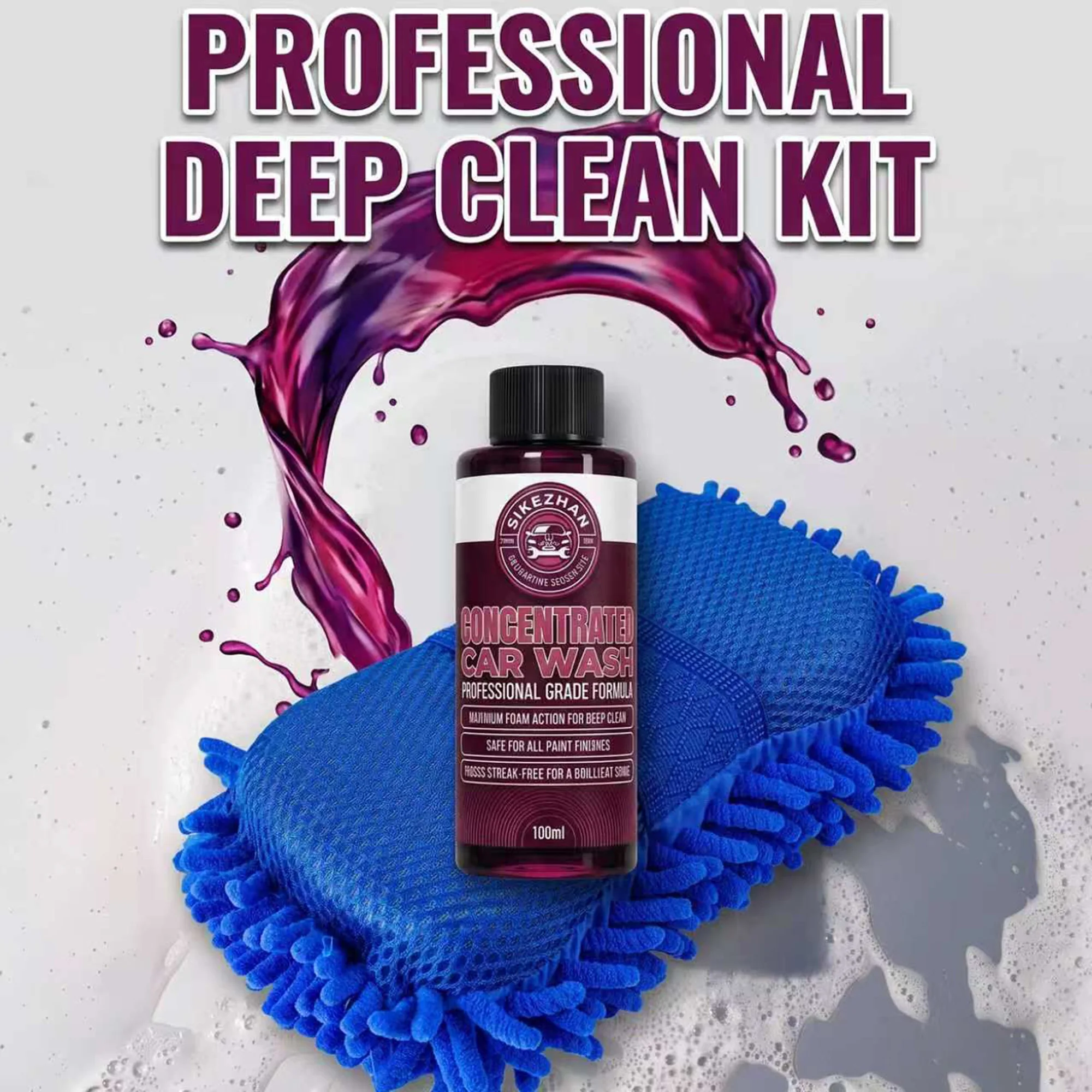 3Pcs Concentrated Car Shampoo & Blue Microfiber Mitt Kit, High Foam Wash Liquid for Auto & Motorcycle Scratch-Free Exterior Care