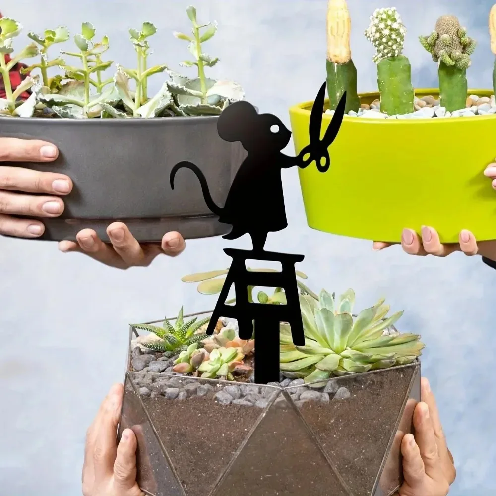 عمود حديقة معدني صغير آرت ديكو مع ماوس مقص - علامة الحديقة، ديكور منحوتة حيوانات إبداعية