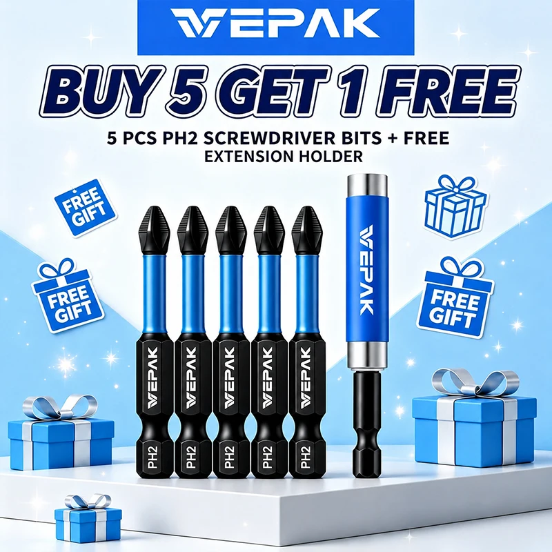 VEPAK 5PCS PH2 Impact Screwdriver Bits + Free Magnetic Bit Holder 1/4