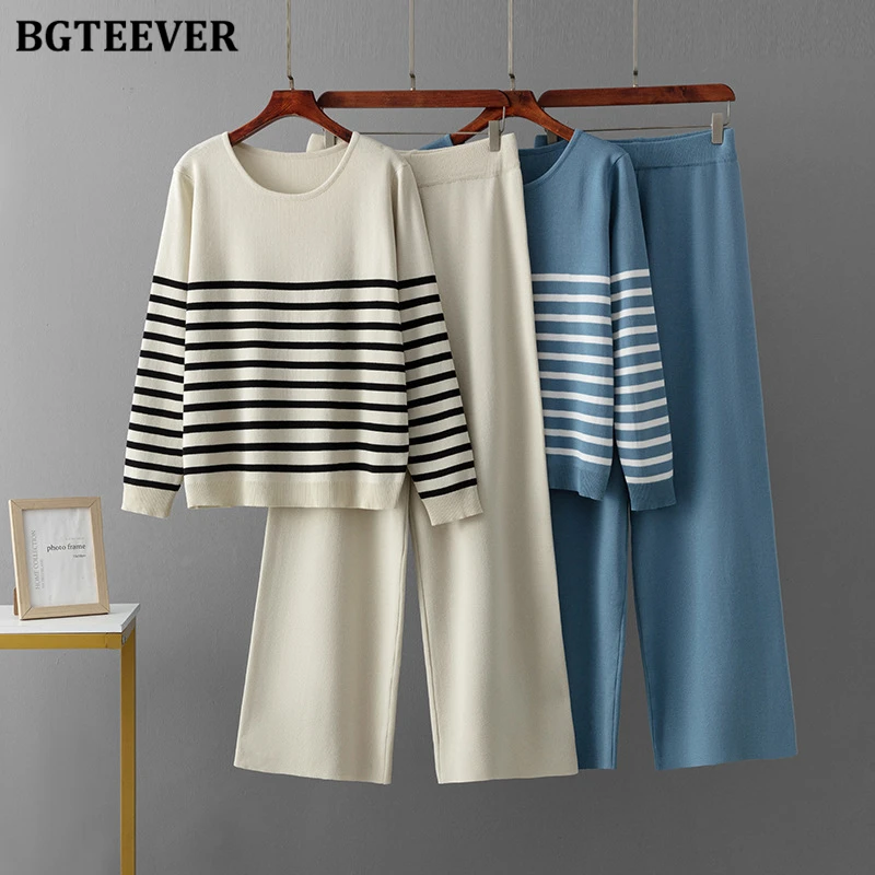 BGTEEVER Stylish Warm Loose Female 2 Pieces Sets Knitted Outfits Long Sleeve O-neck Striped Sweaters & High Waist Wide Leg Pants