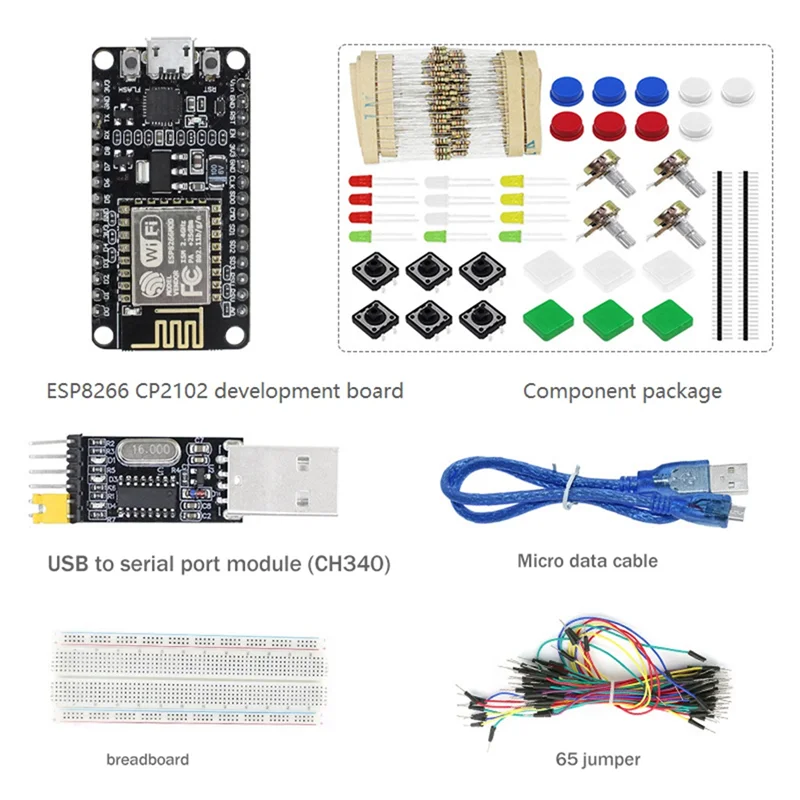 ESP8266 CP2102 Nodecu Lua V3 ESP-12E Development Board+Component Package+USB To Serial Port Module+65 Jumper+Bread