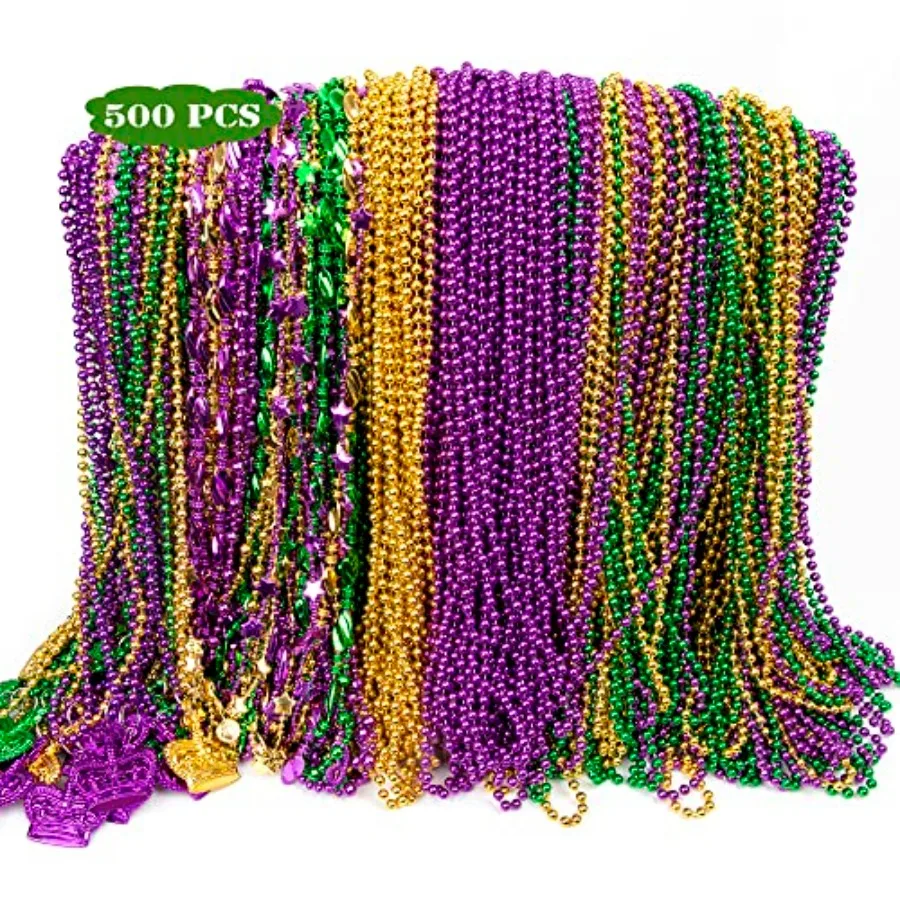 

500PCS Mardi Gras Beads Throws Bulks Green Purple Gold Metallic Beads Necklaces for Parade Party Decorations Accessories Costum
