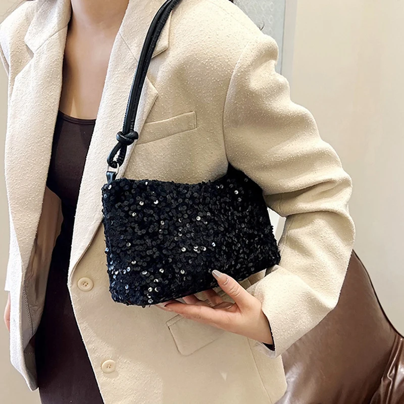 Black Sequin Shoulder Bag Simple And Large Capacity Armpit Bag Casual And Fashionable Baguette Bag