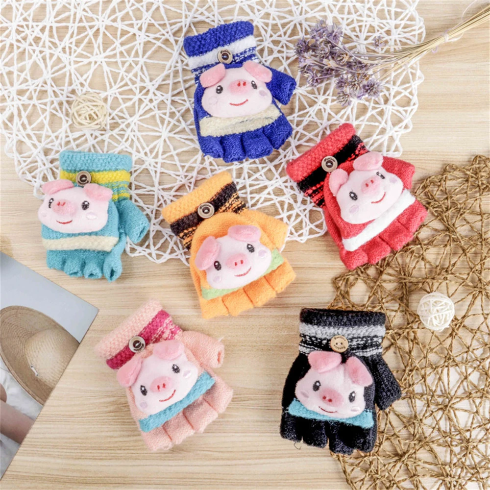 

Winter cute warm and flip cartoon pig bread boy and girl half glove HX-S454