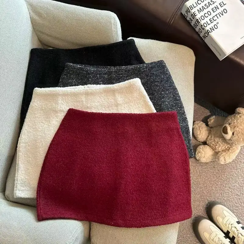 Women's 2026 Winter Red Tweed High Waist Slimming A-Line Bodycon Mini Skirt Warm Elegant Chic Coquette Trendy Vintage