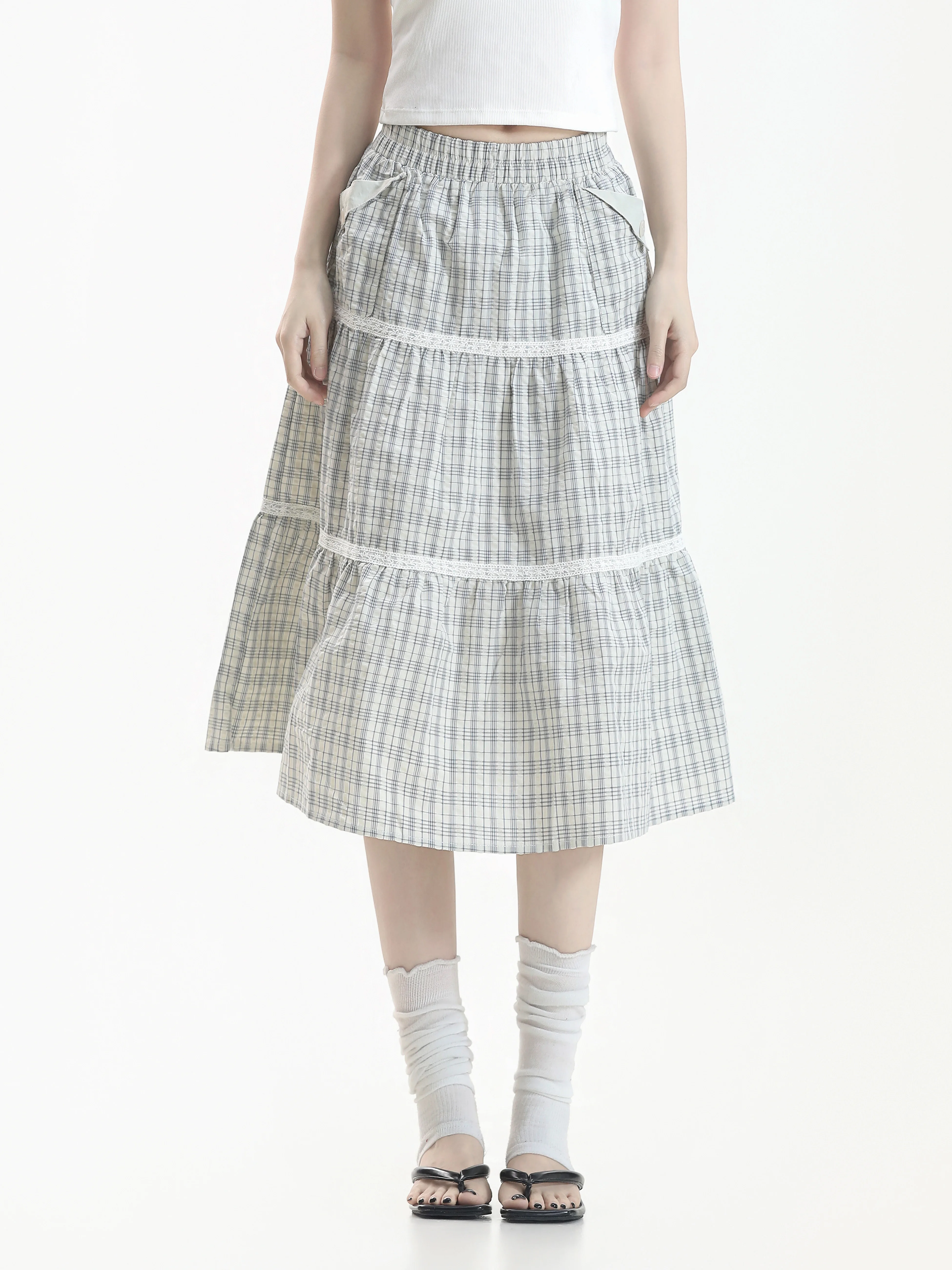 Korean Style High Waist Plaid Half Skirt with Lace Micro Elasticity Skin-friendly Breathable Casual High Waist Cake Skirt