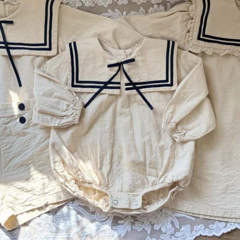 2026 Spring Summer New Baby Long Sleeve Bodysuit Solid Boys Girls Cute Sailor Collar Jumpsuit Cotton Infant Clothes 0-24M view 3