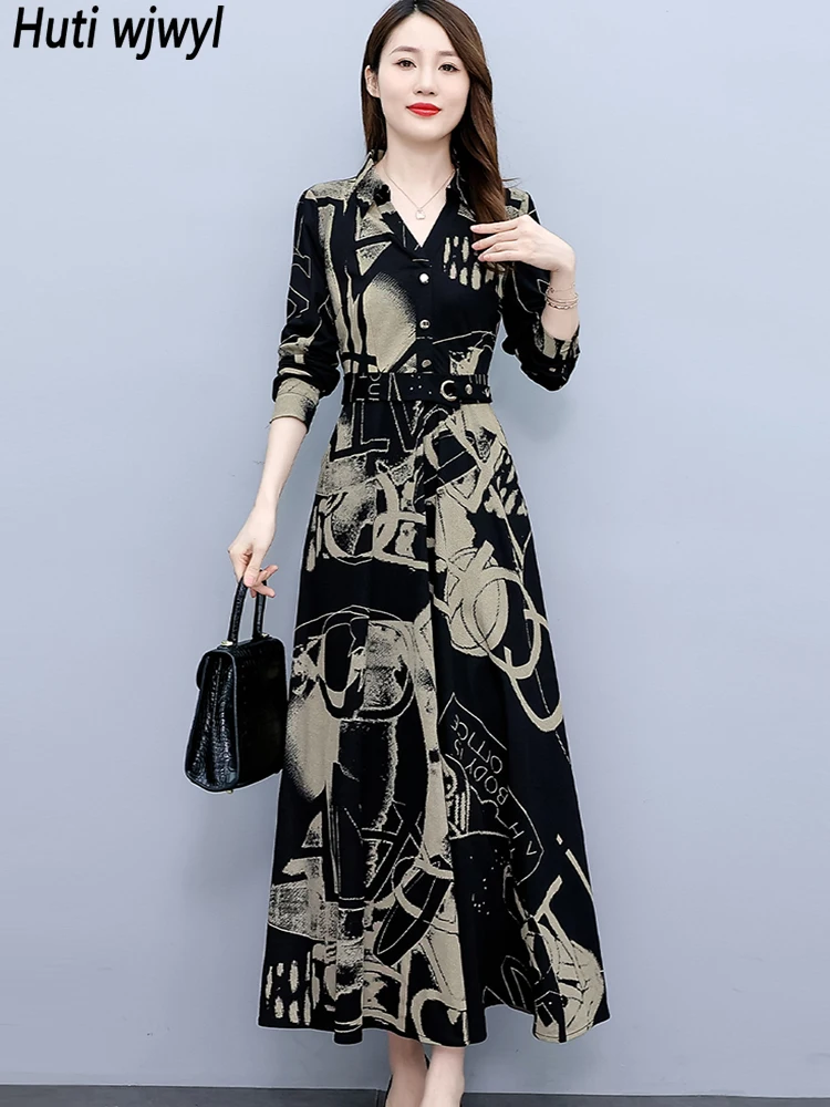 2024 Black Vintage Print V-Neck Chic Prom Clothing Autumn Winter Long Sleeve Bodycon Long Dress Women Elegant Luxury Party Dress