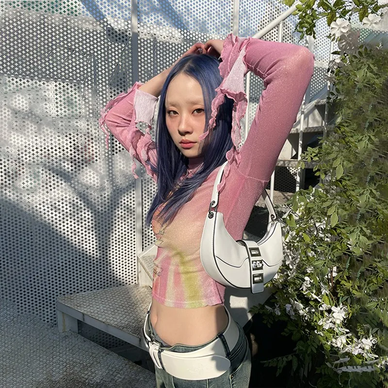 Karrram Japanese Y2k Mesh Tops 2000s Aesthetics Pink T-shirt Korean Popular Fairycore Long Sleeve Sheer Crop Tops Harajuku Sweet