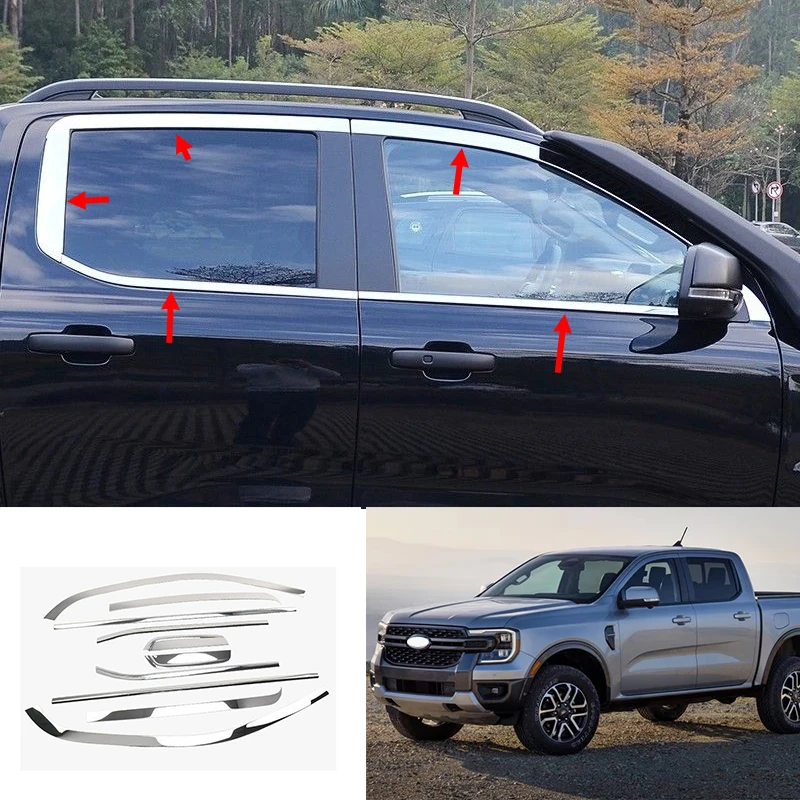 

FIT For Ford Ranger 2024 2025 Chrome steel Exterior Window Molding Strip Sill side Cover Trim 10PCS
