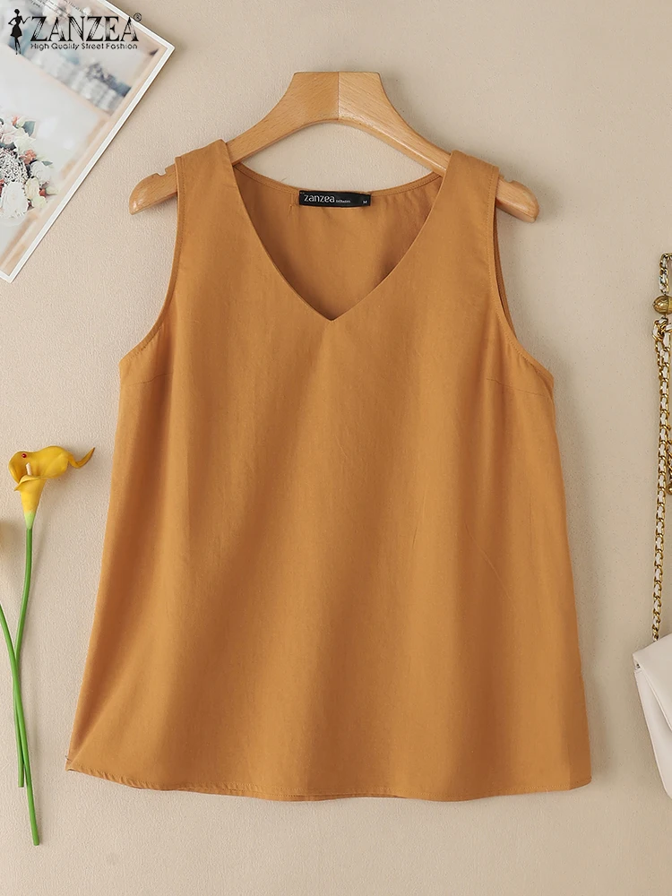 

ZANZEA Cotton Casual Solid Tanks V-Neck Womens 2025 Summer Basic Sleeveless Tops Simple Comfort Everyday Breathable Tank Tops