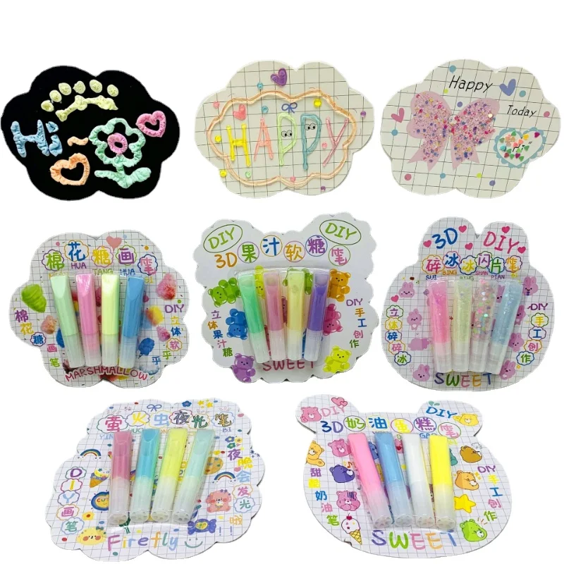 4colors 3D Three-dimensional Popcorn Pen Cotton Bubble Pen DIY Handbook Jelly Luminous Pen Glitter Glue Expansion Pen for Kids