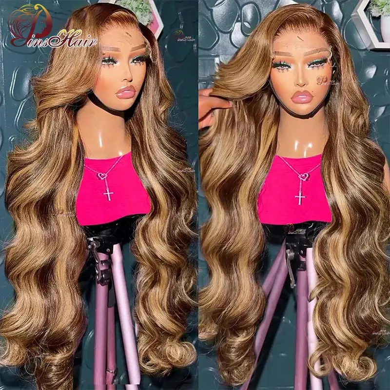 

Body Wave Highlights Colored Lace Front Human Hair Wigs P4/27 Honey Blonde 13X6 Lace Frontal Wig Remy Hair Pre Plucked For Women