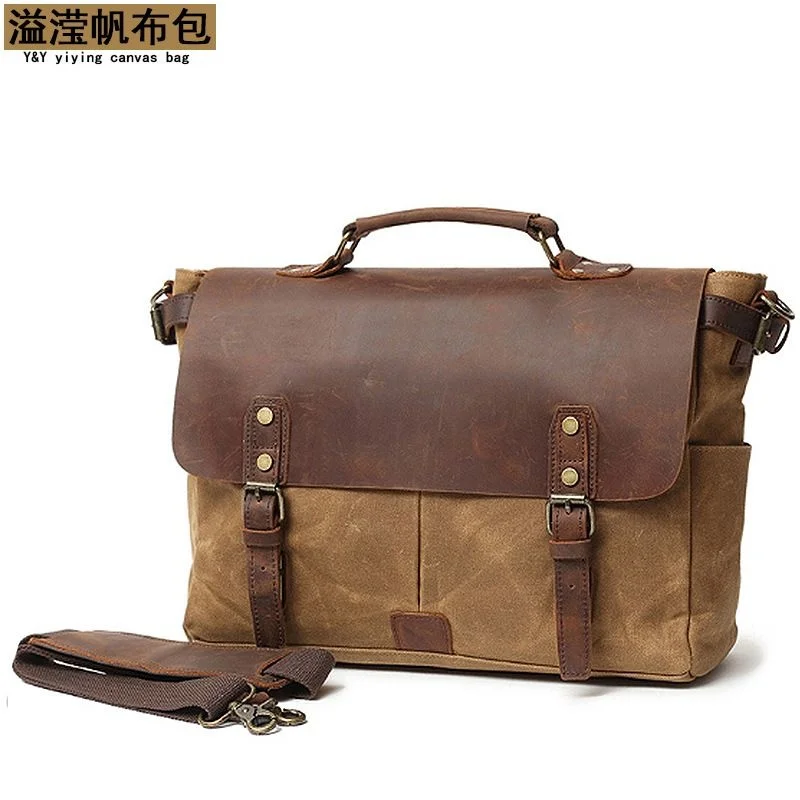 

Vintage Men's Canvas Crazy Horse Leather Shoulder Messenger Bag Computer Official Knight Motorcycle