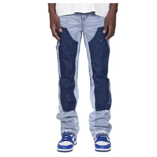 2026 Men's Fashion Jeans Work Pants Elastic Patchwork Denim Layered Flared Pants European American Streetwear Workwear S-XXL
