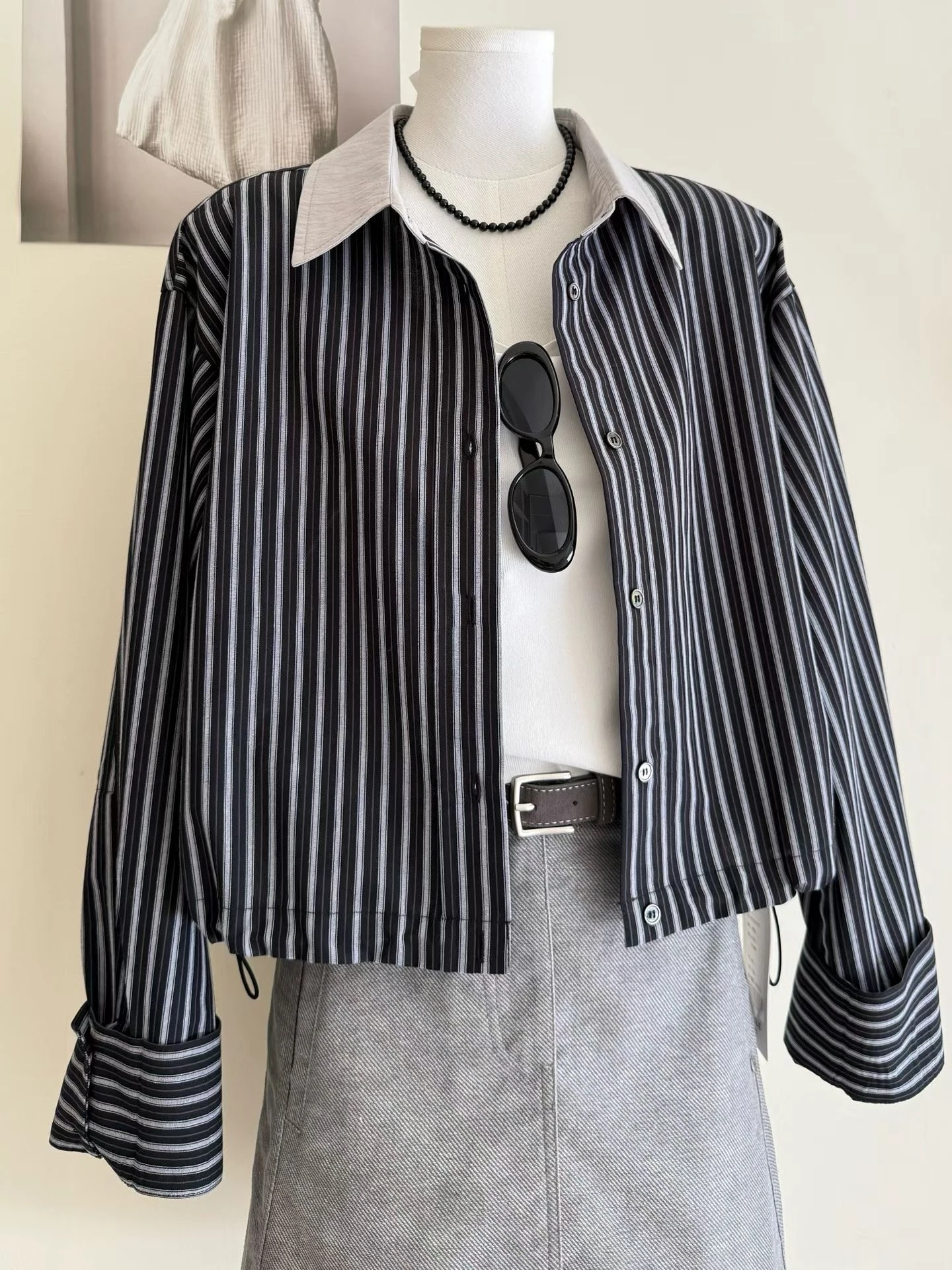 Hong Kong Style Luxury Vertical Striped Patchwork Long Sleeve Shirt Women's Autumn New Fashion Drawstring Slimming Elegant Ou...
