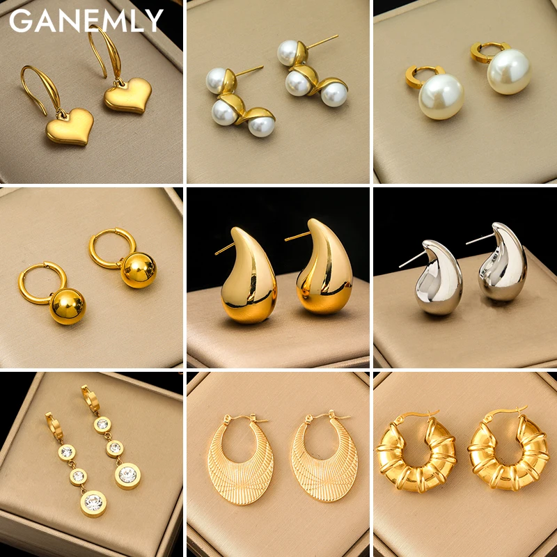 GANEMLY 316L Stainless Steel Heart Waterdrop Pearl Earrings For Women Girl Fashion Ear Dangle Waterproof Jewelry Lady Gift