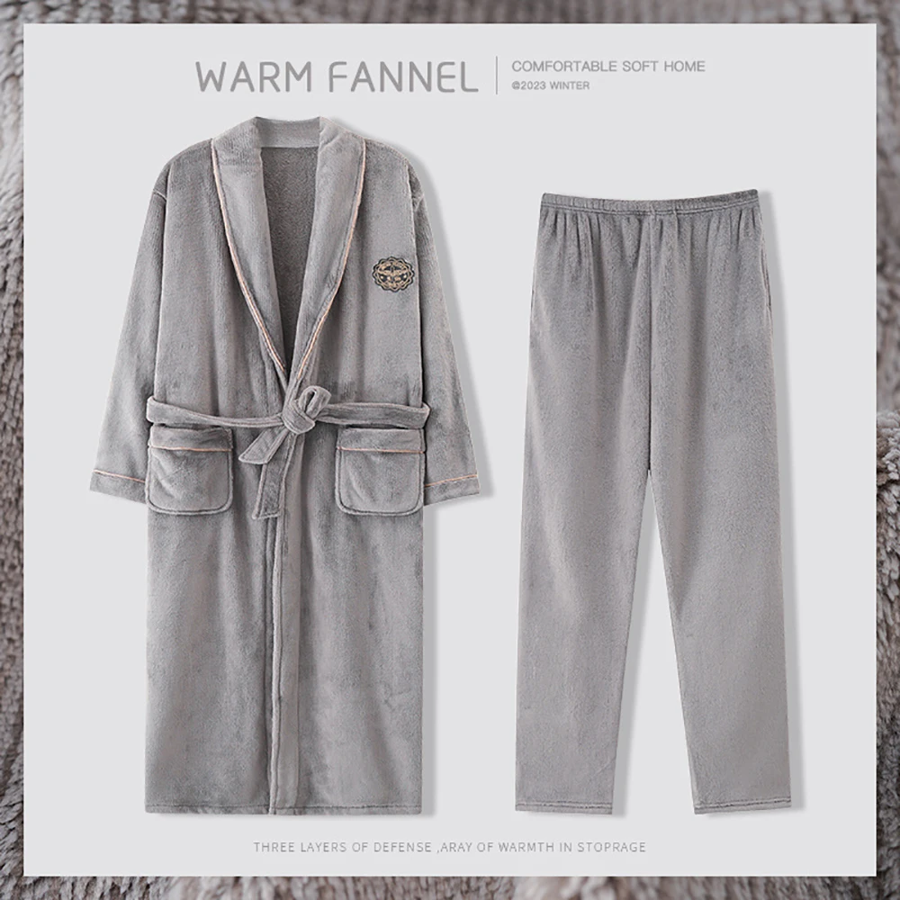 Winter Warm Double-side Flannel Thicken Men\'s Robe Set Fashion Embroidery Shawl Collar Sleepwear Bathrobe Cozy Long Pajama Pants