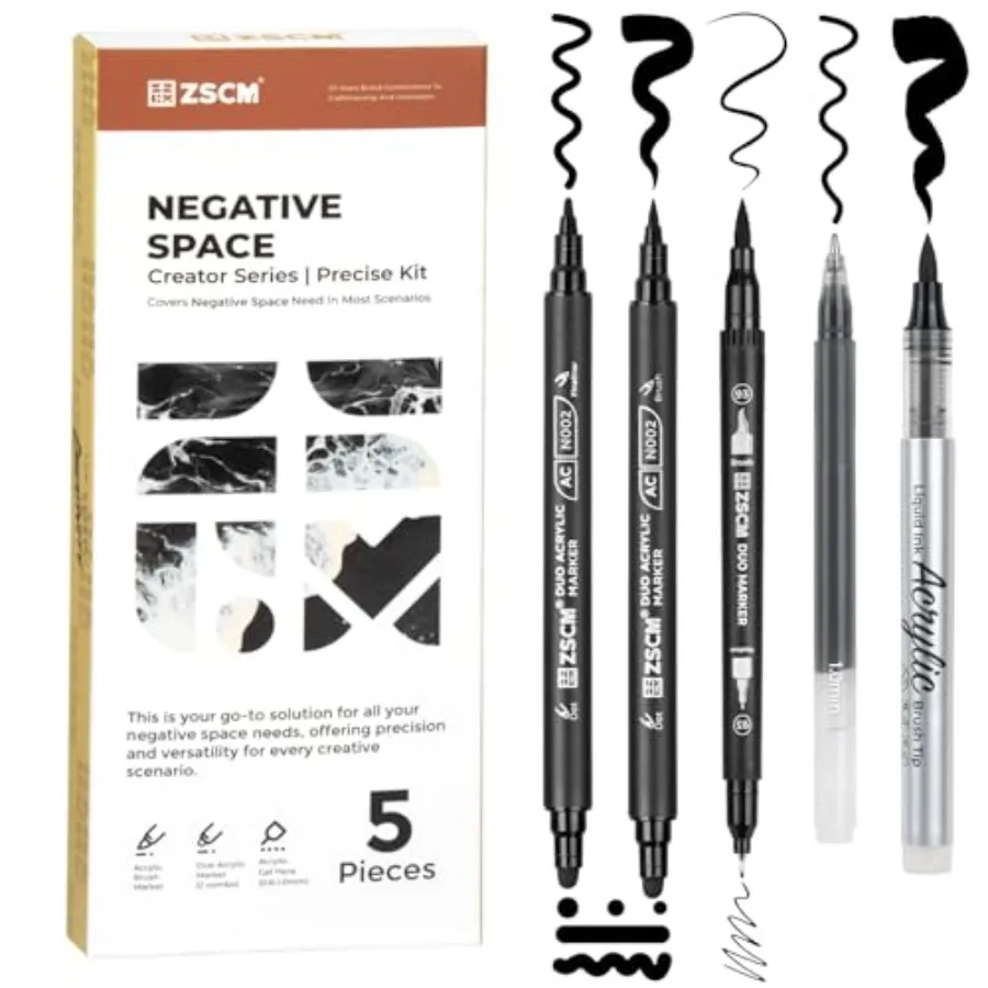 

5 Pack Black Acrylic Ink Pens for Drawing, Fine Point Black Gel Pens, Brush Tip Markers Dual-Tip Opaque Acrylic Markers for Hig