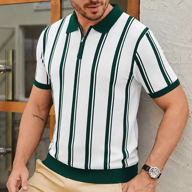 Men's Striped Contrast Color Casual Knitted Polo Shirt Summer Business Style Short Sleeve Quarter Zipper Polo Collar T-Shirt