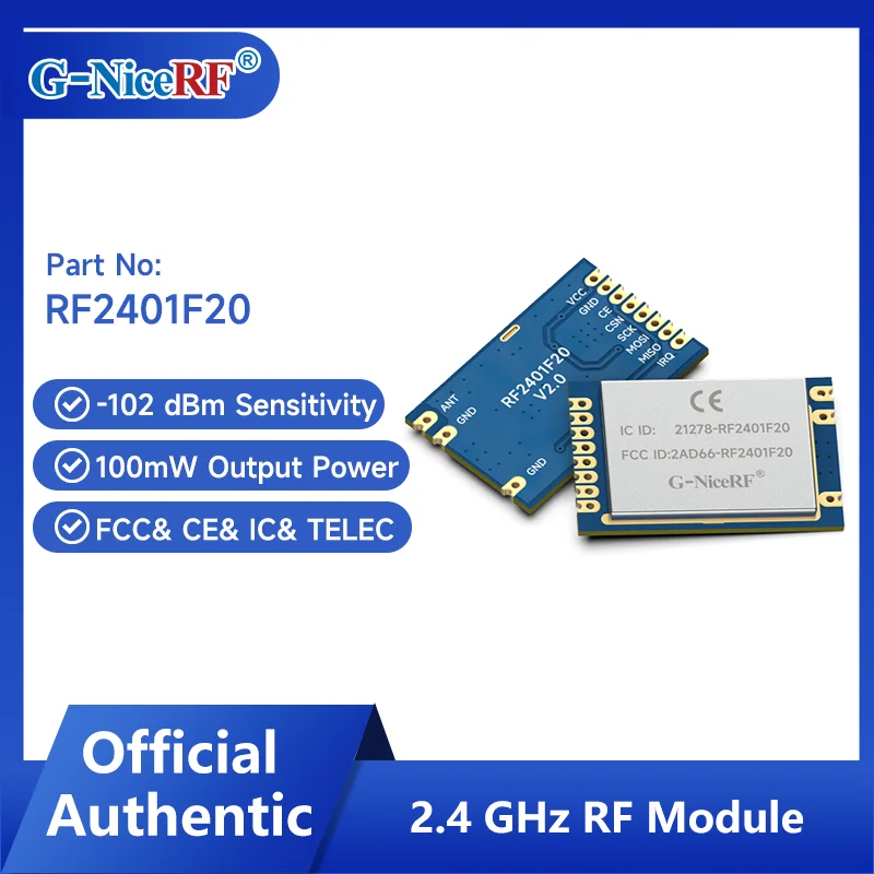 

G-NiceRF | 2PCS RF2401F20 nRF24L01+ 2.4GHz CE-RED & FCC ID & IC ID & TELEC Certified Original Nordic RF Module