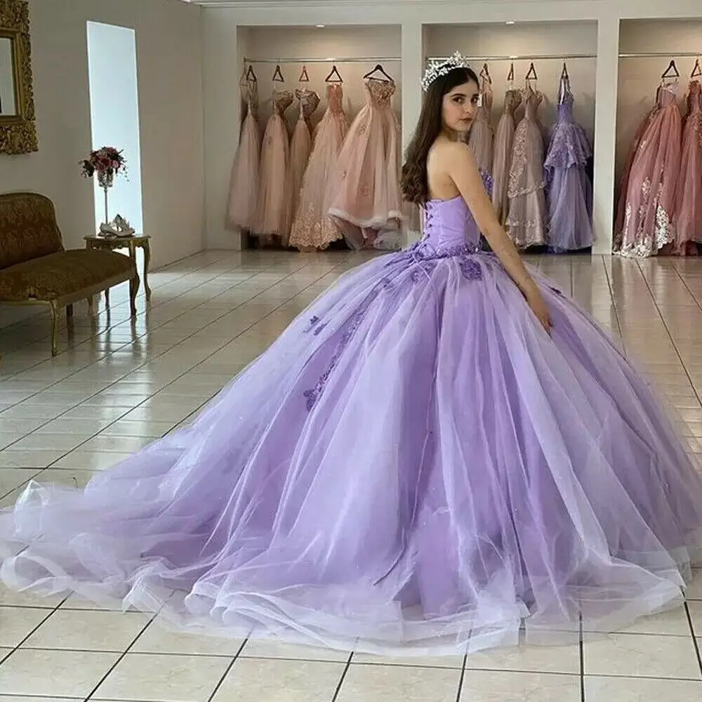 Angelsbrief brilho roxo quinceanera vestidos 3d flores appliqued miçangas personalizado doce 15 vestidos 16 baile de formatura festa veste