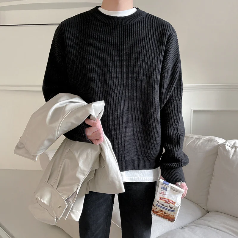 

Winter Autumn Menswear Fashion Chic Solid Color Knitting Pullovers Men's New Loose Round Neck Thickened Sweater Tide