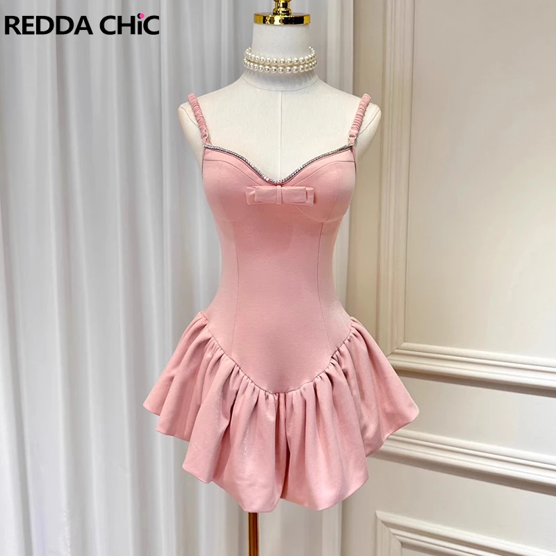 

ReddaChic Baby Pink Blue Corset Mini Dress Women Padded Rhinestone Sweetheart Bowknot Puffy Ruffled Miniskirt Princess One-piece