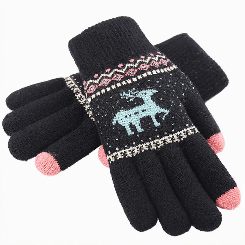 Thick Thermal Winter Gloves Women Double Layer Mitten Cute Deer Touch Screen Soft Plush Comfortable Outdoor Hand Warmers