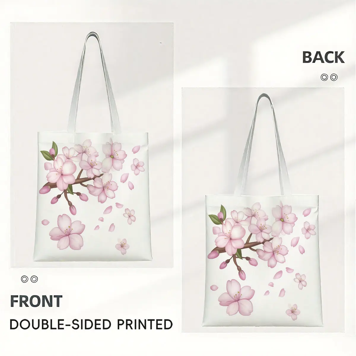 A Cherry blossom branch pattern print canvas tote bag, suitable for daily use, shopping, school, and travel