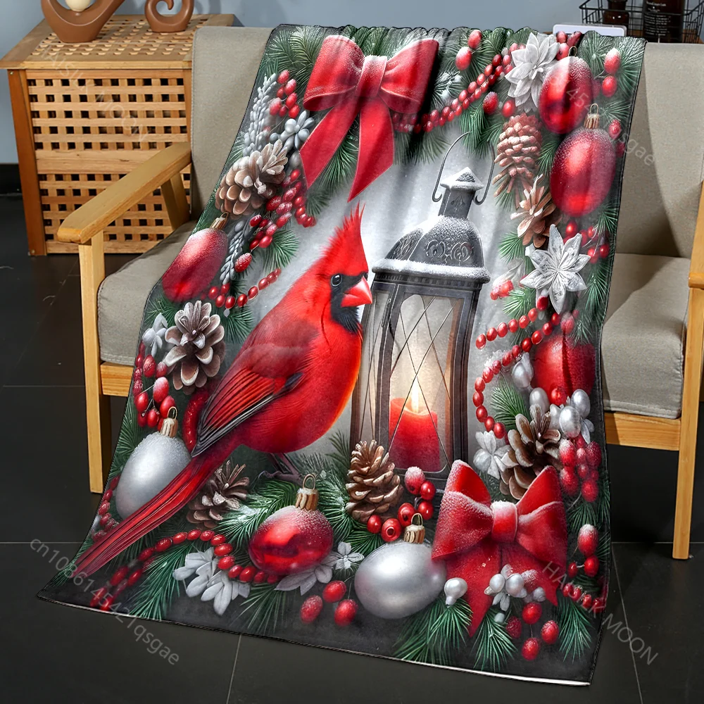 Festive Cardinal with Holiday Wreath Pattern Blanket Flannel Material Soft Warm for All Seasons Home Outdoor Camping Picnics RV