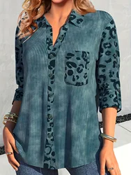 Plus Size Casual Blouse, Women's Plus Colorblock Leopard Print Ribbed Long Sleeve Button Up Lapel Collar Shirt