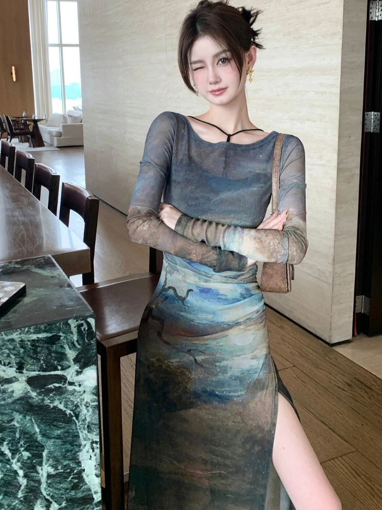 2025, neues Herbstkleid mit Premium-Print, künstlerisches Aquarell-Neckholder-Maxi-Kleid mit Schlitz, modisches Herrenhaus-Vintage-Kleid mit durchsichtigem zweiteiligem Set