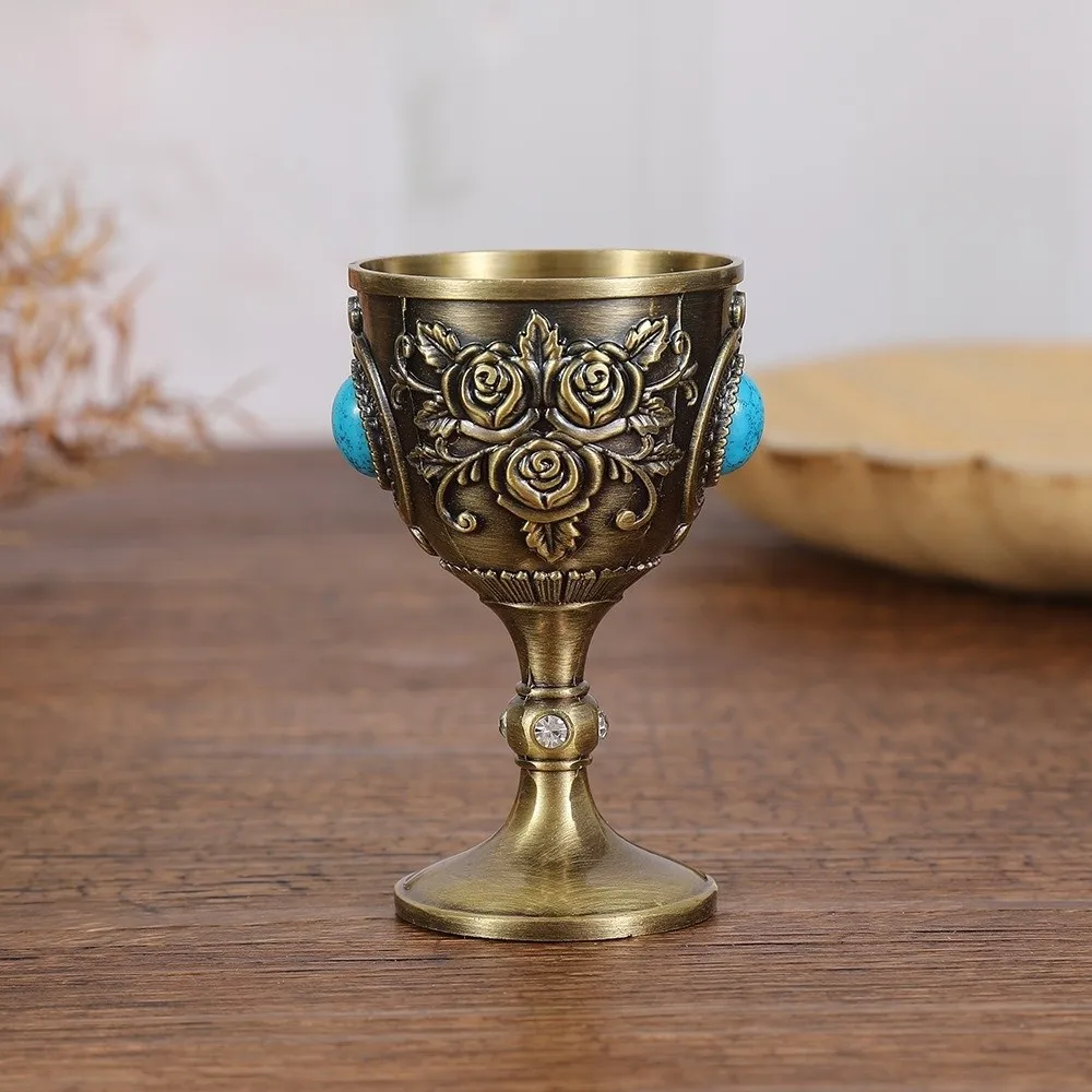 Flower Embossed Rose Chalice Goblet Zinc Alloy European Style Synthetic Turquoise Wine Cup Medieval Rhinestone