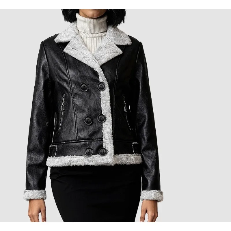 

Женская утолщенная кожаная куртка на флисовой подкладке, стиль 2025 года, небольшой ароматный стиль, куртка из искусственной кожи с лацканами, женское кожаное пальто