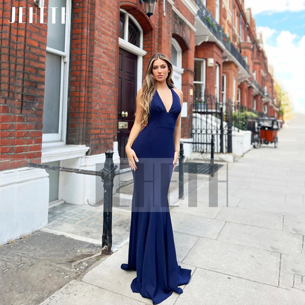 Jeheth Sky Blue Sexy Halter Stretchy Crêpe Avondjurk Vrouwen Mermaid Backless Pleats Prom Party Gown Floor Lengte فستان سهرة