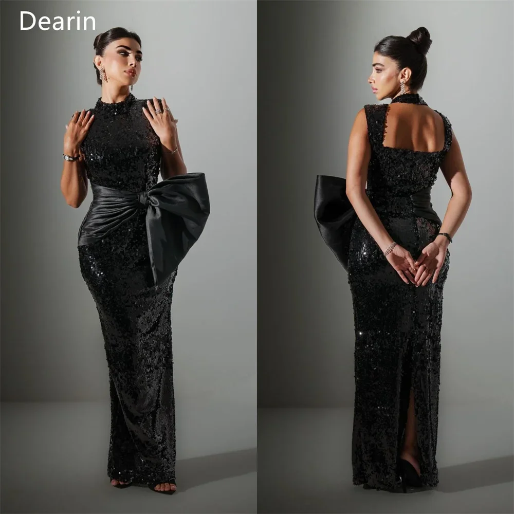 

Customized Women Formal Gown Prom Dearin High Collar Column Floor Length Skirts Sequin Bows Sleeveless Bespoke Occasion Dresses