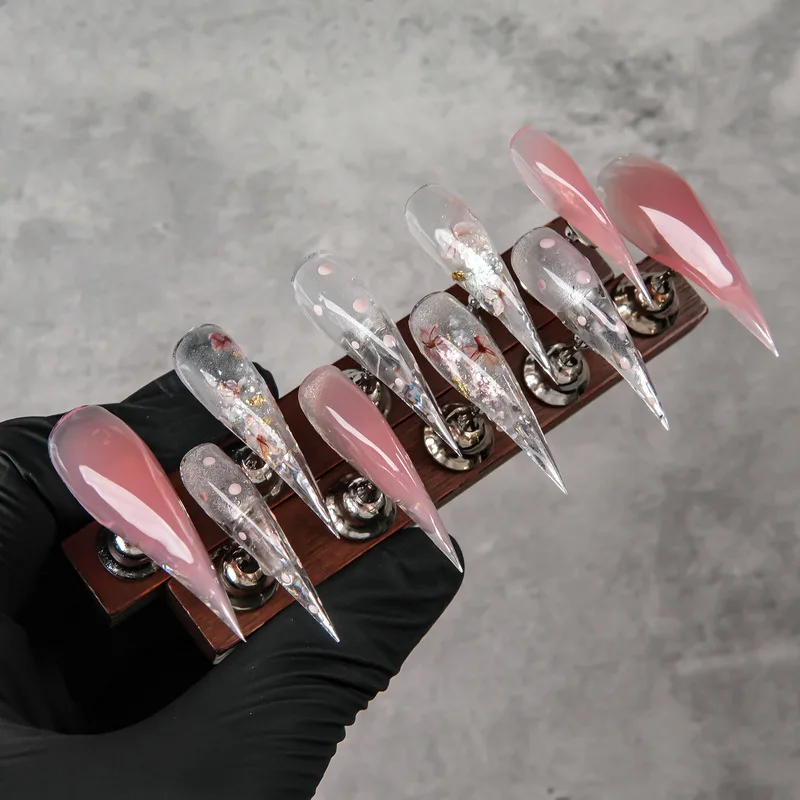 

Super Long Curved Stiletto Press On Nails Nude Pink Gradient Dried Flower Silver Foil Dot Fake Nails Glossy Transparent Reusable