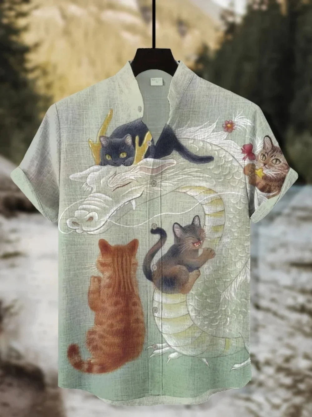 

Japanese art printed retro shirt, short sleeved stand up collar cardigan men's top, street casual men's linen shirt