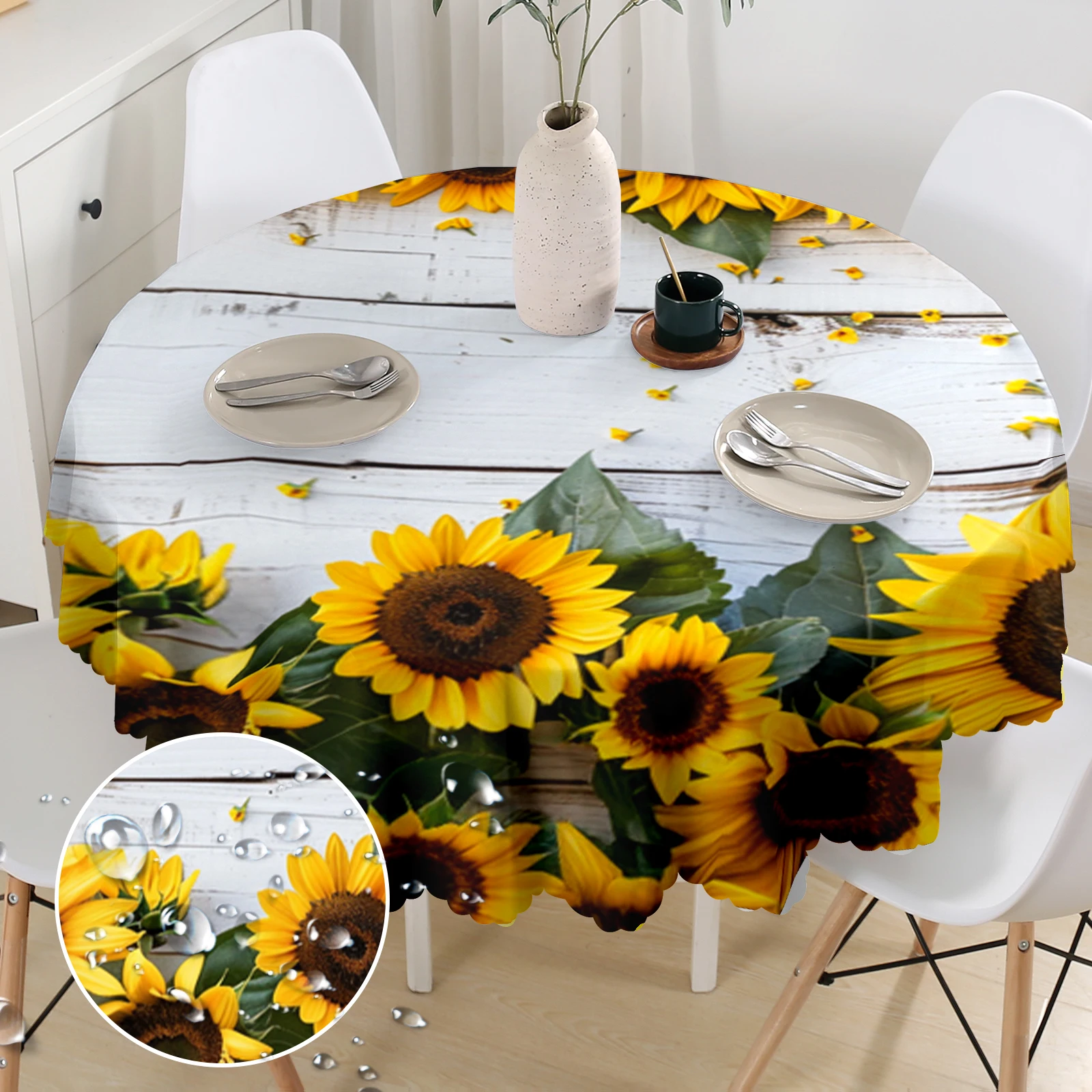 1 Piece, Sunflower Floral Print Tablecloth + 4 Self-Adhesive Stickers, Vintage Style, Embossed Edges, Suitable for Home Kitchen, Living Room Dining Table, Balcony Coffee Table, Holiday Party Holiday Table Decoration Tablecloth, Outdoor Picnic Courtyard Decoration, Coffee Table Decoration Tablecloth Table Cover, Perfect Holiday Gift, Spring, Summer, Autumn, Winter Decoration-H013