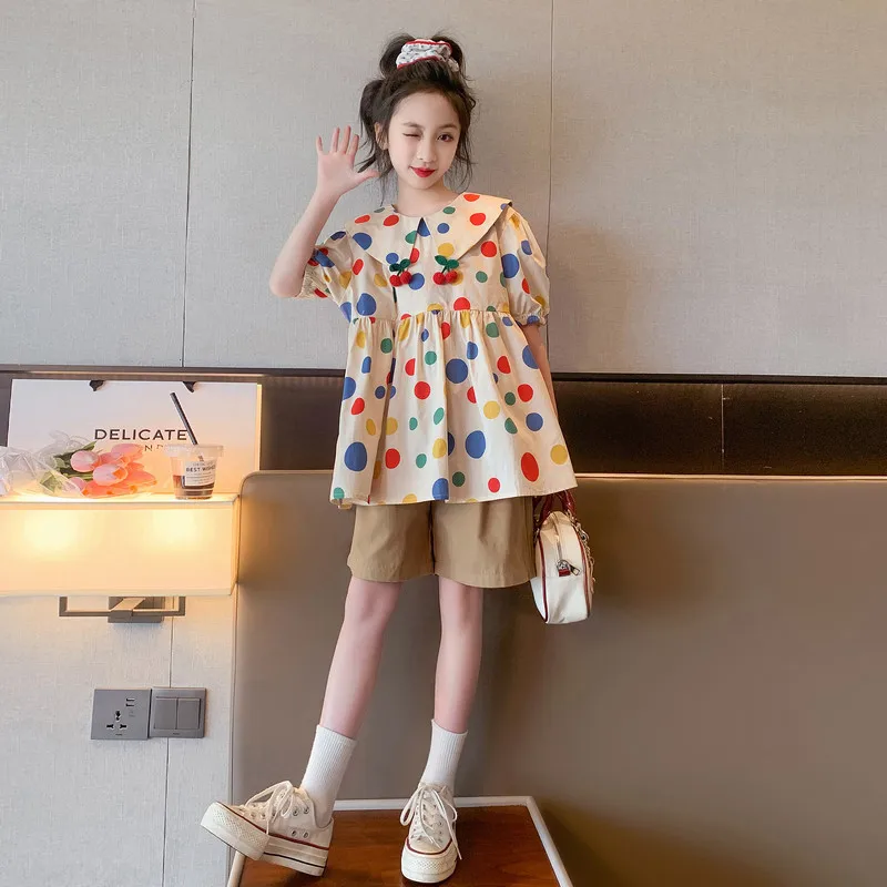 

Girls Summer Suit Fashion Fashion 2024 New Girls Summer Doll Collar Polka Dot Casual Wear Children Two-piece Set Clothes