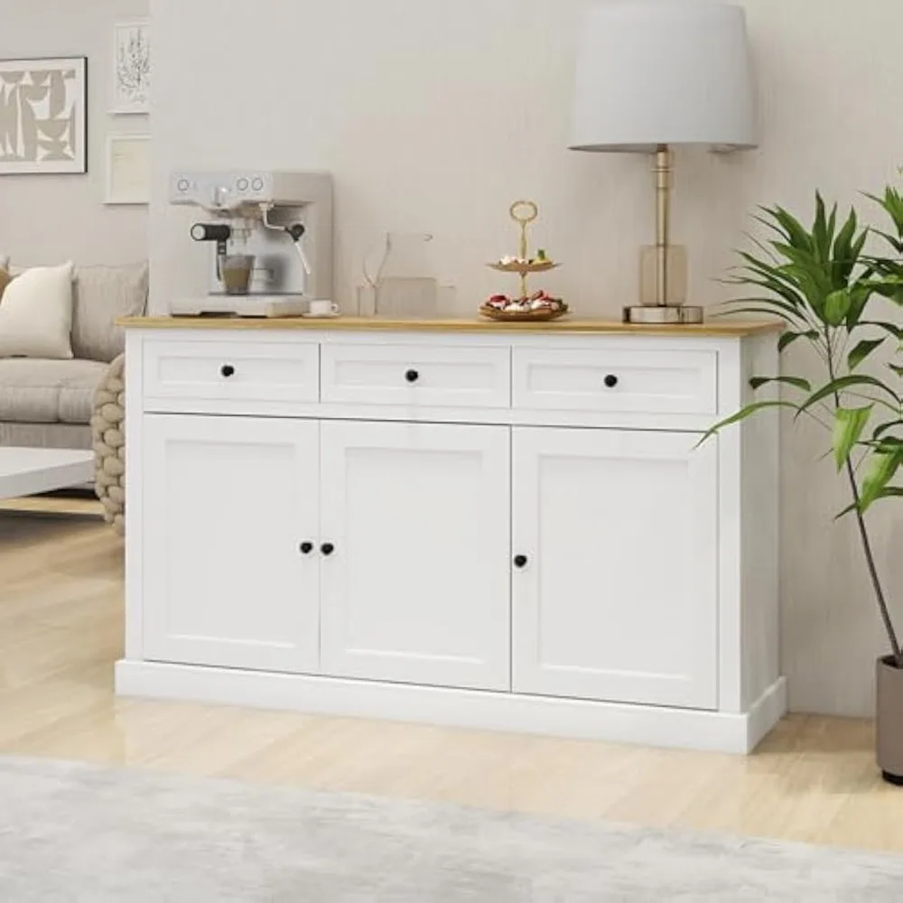 Armoire de Rangement Buffet Ferme, Serveur Bar, Armoire à Vin avec 3 Broches de proximité et 3 Portes, Étagères Réglables, Blanc