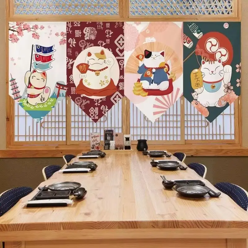 VIKAMA Japanese Maneki-neko Koi Waves Triangle Banner Curtain Retro Ukiyo-e Room Divider Curtain for Home Decor